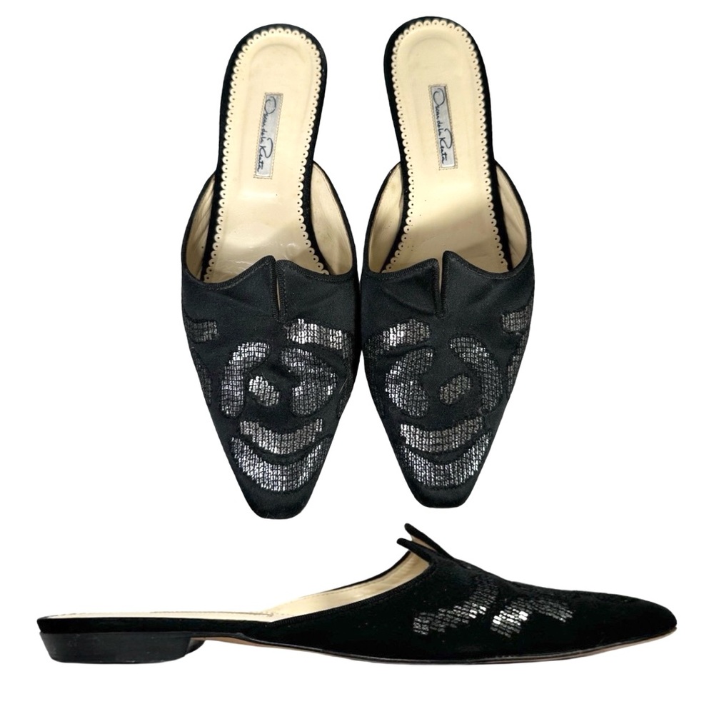 OSCAR De La RENTA black satin floral sequins slides mules shoes flats 39 1/2